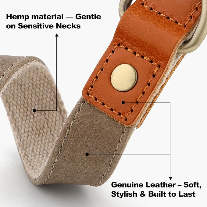 Plutus Pet Genuine Leather & Hemp Dog Collar – Adjustable Heavy Duty Pet Collar with Quick Release Metal Buckle, Soft & Stylish for Puppy and Small, Medium, Large Dogs (Ash Brown, S)
