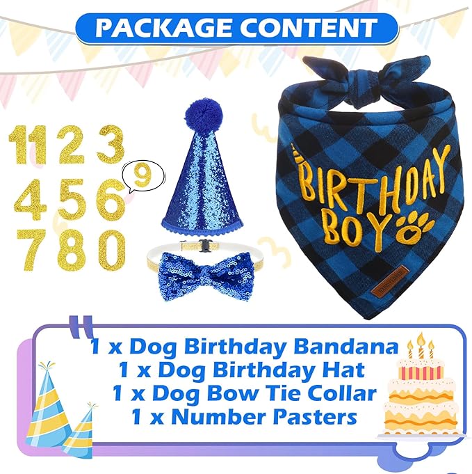 EXPAWLORER Dog Birthday Party Supplies - Dog Birthday Bandana Scarf and Party Hat with Numbers Boy Girl Pet Bow Tie, Cute Outfit for Small Medium Large Dogs (Small)