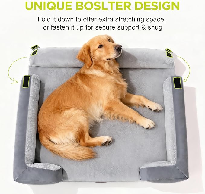 Extra Large Dog Bed, Orthopedic XL Washable Memory Foam Bed for Big Dogs Waterproof Pet Couch Sofa Bolster with Removable Cover, Non-Slip Bottom, Tennis Ball Toy, 42x30