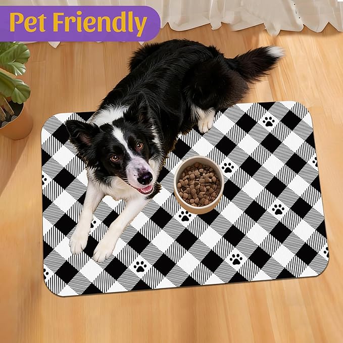 Cat Checked Plaid Dog Cat Food Mat, Absorbent Feeding Mat with Fast-Dry Surface, Rubber Backing for Messy Drinkers – 12x20 Inch