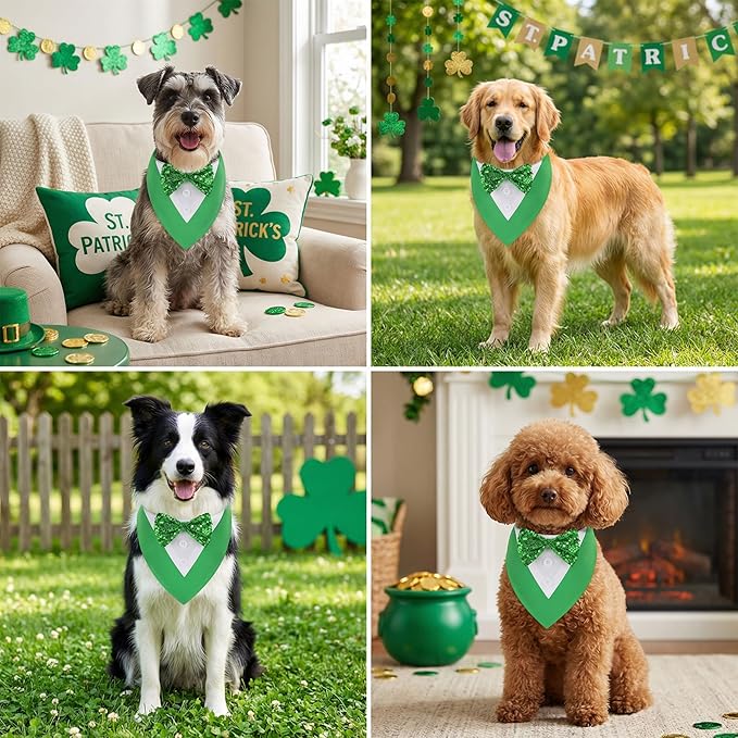 ADOGGYGO St.Patrick's Day Dog Tuxedo Bandana, Green Pet Tux Collar with Bowtie Adjustable St Patricks Costume for Medium Large Dogs Pets (L)
