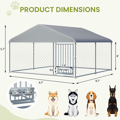 10FT x 10FT Outdoor Dog Kennel with Roof, Outside Dog Run Fence with Rotated Dog Bowls, Large Dog House Pen Enclosure with Secure Lock&Textilene Door