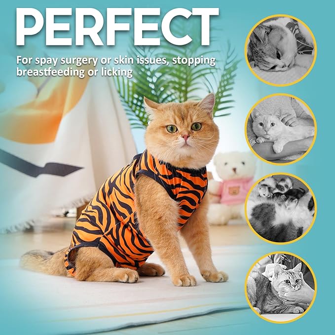 Avont Cat Recovery Suit - Kitten Onesie for Cats After Surgery, Cone of Shame Alternative Surgical Spay Suit for Female Cat, Post-Surgery or Skin Diseases Protection -Tiger(L)