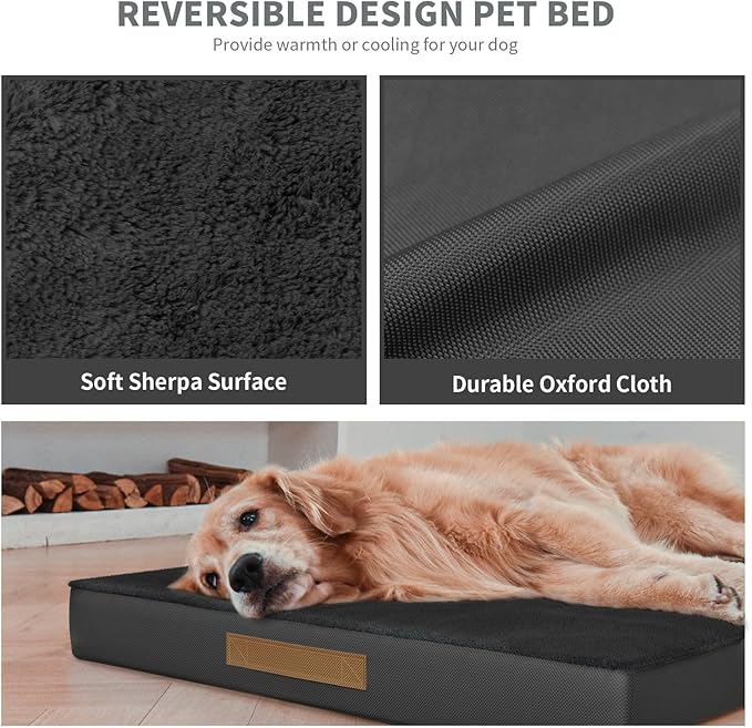 Flat Extra Large Dog Bed, Jumbo Waterproof Dog Bed for Large Dogs, Orthopedic Egg Crate Foam Pet Mat with Removable Washable Cover, Black