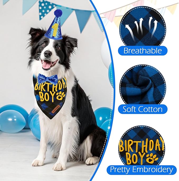 EXPAWLORER Dog Birthday Party Supplies - Dog Birthday Bandana Scarf and Party Hat with Numbers Boy Girl Pet Bow Tie, Cute Outfit for Small Medium Large Dogs (X-Large)