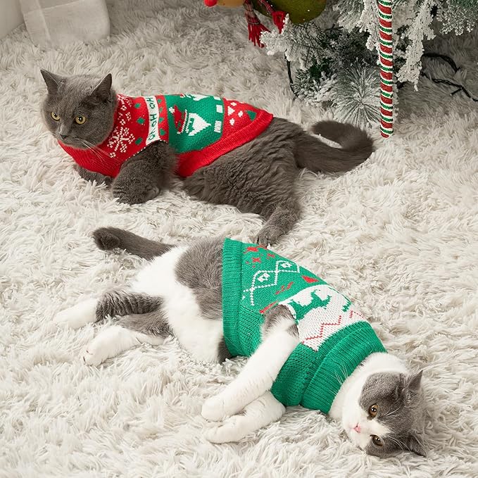 Stretchy Cat Christmas Sweater - 2 Packs Christmas Sweaters for Cats | Snug Winter-Ready Knit for Boy/Girl Cats & Kittens(Scarlet, Small)