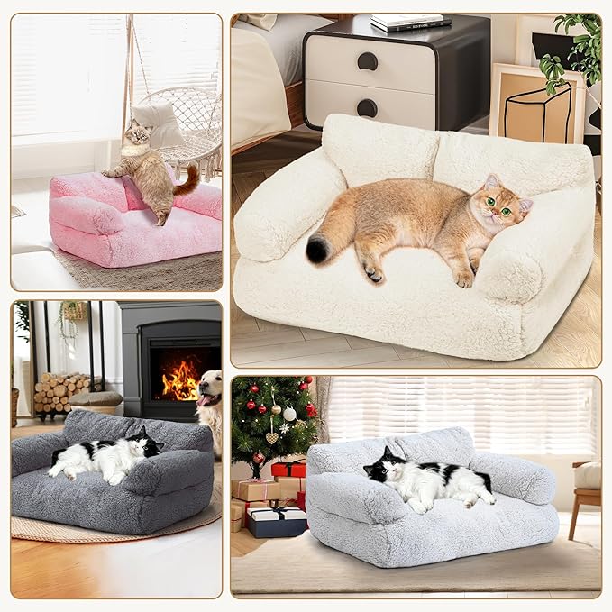 Large Cat Beds for Indoor Cats, Dog Couch Bed, Cute Cat Couch Sofas for Less 20lbs Kitten Puppy, Small Dog Sofas & Chairs with Removable Washable Cover, Soft Warm Pet Furniture, Light Pink