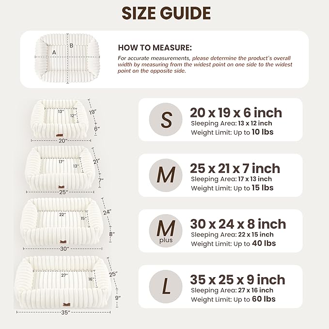 Washable Dog Bed for Small Medium Dogs - Rectangle Orthopedic Corduroy Fleece Pet Bed with Removable Cover and Nonskid Bottom, Calming Puppy Bed Soft Pet Sofa, Cream(35x25x9inchs)