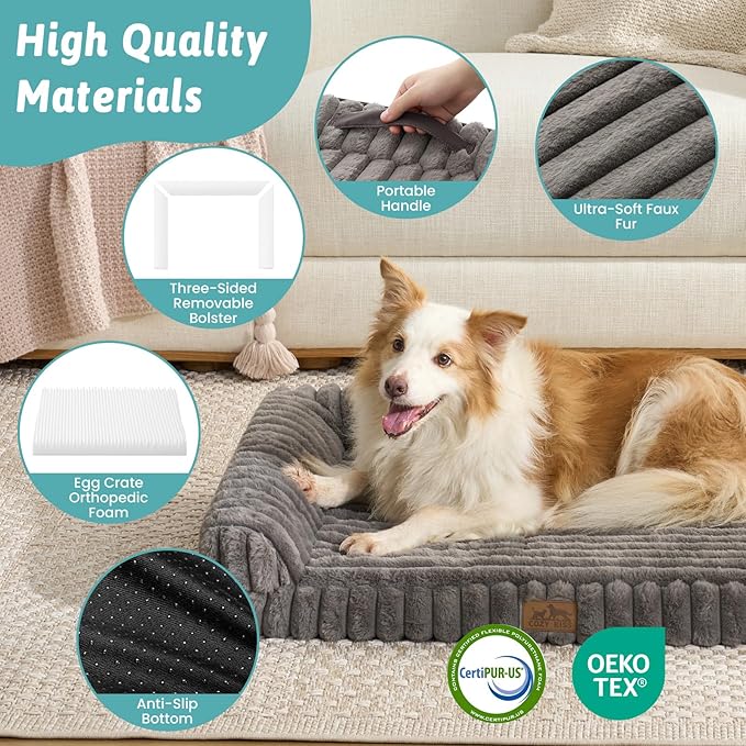 Cute Dog Bed for Small Dogs, Faux Rabbit Fur Orthopedic Foam Dog Bed with Sides, Removable Washable Cover & Waterproof Lining, Comfortable Pet Couch, Grey (30" L x 20" W x 6" Th)