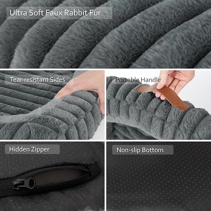 Cute Dog Bed for Medium Dogs, Orthopedic Rectangle Dog Bed with Washable Furry Cover and Anti-Slip Bottom, Soft Calming Puppy Bed with Handle, 30" x 24" x 5", Grey, L