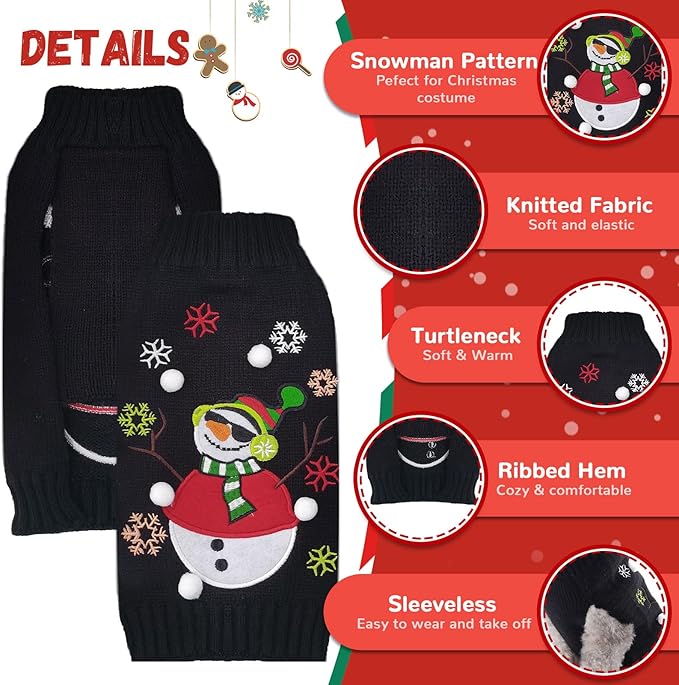 Christmas Dog Sweaters Xmas Pet Outfit Clothes Cute Black Snowman Costume Puppy Cat Knitted Jumpers (L,Black Snowman)