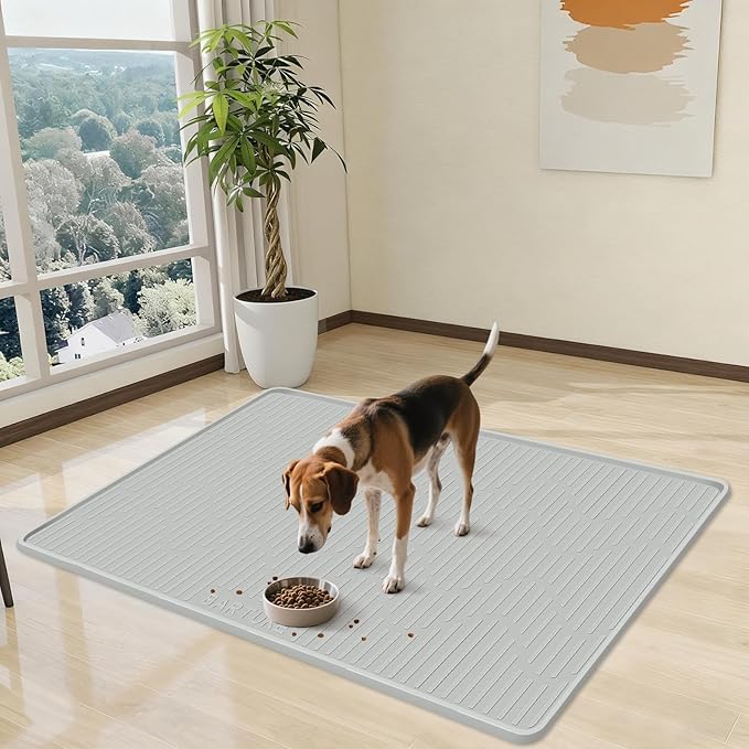 Silicone Cat & Dog Food Mat, 50" x 34" Extra Large Pet Feeding Mat for Cats and Dogs Bowl, Pet Placemat for Food and Water with Raised Edge, Waterproof, Leakproof (Grey)