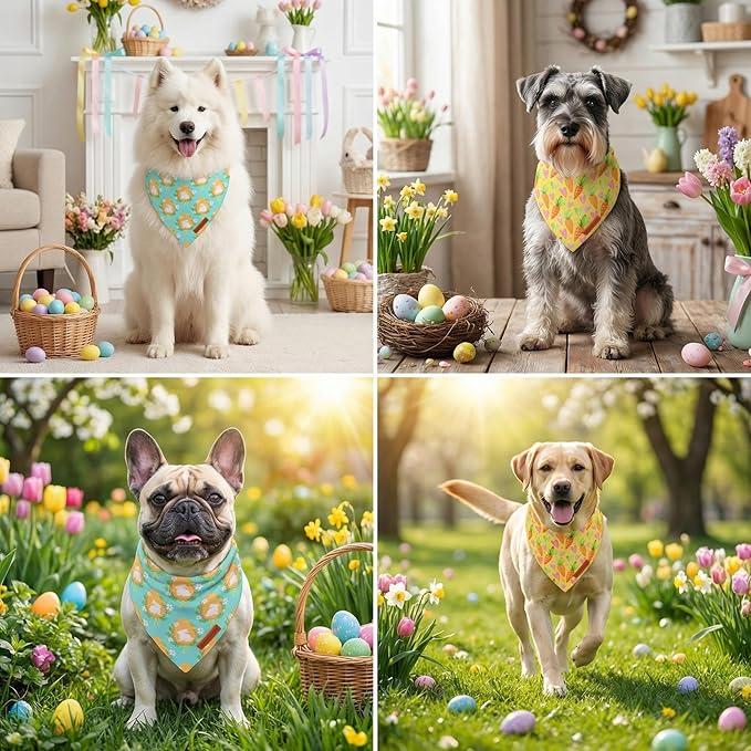 ADOGGYGO Easter Dog Bandana 2 Pack, Bunny Egg Carrot Print Pet Scarf Bib, Adjustable Fit Green Yellow Easter Bandanas for Extra Large Dogs (X-Large)