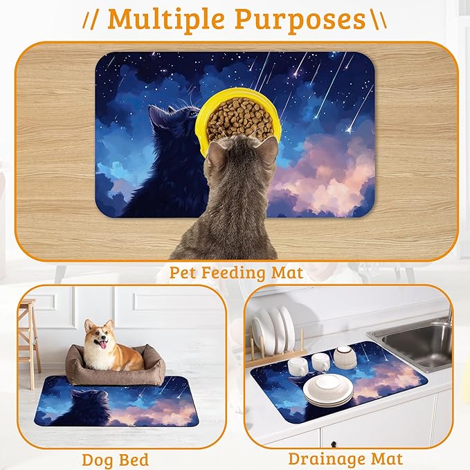 Cat Dog Food Mat,Starry Night Absorbent Pet Feeding Mat for Food and Water Bowl,Quick Dry Dog Placemat Non Slip Rubber Backing Waterproof Pet Supplies 12" x 20"