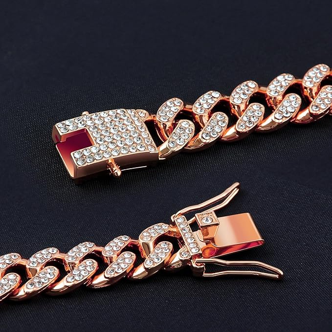 Dog Collar Cuban Link Rose Glod Crystal Dog Necklace Metal Chain Collar with Design Secure Buckle Pet Collar Jewelry Accessories for Small Medium Large Dogs Cats(Rose Glod 16inch)