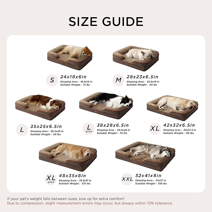 Bedsure Orthopedic Dog Beds Large Sized Dog - Washable Large Dog Cat Bed Waterproof, Comfort Dogs Couch Sofa with Washable Removable Cover, Pet Bed with Nonskid Bottom, Brown, 35"