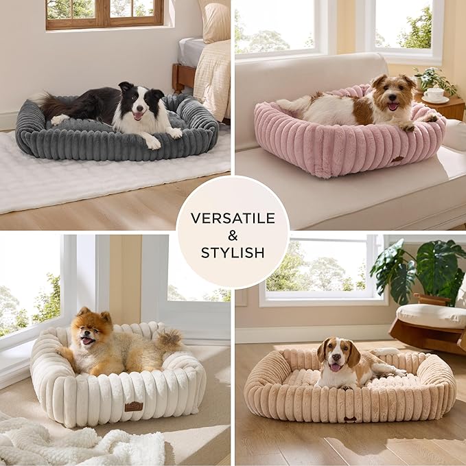 Bedsure ComfyFleece™ Cute Dog Beds Large Sized Dog - Washable Furry Pet Beds, Rectangle Orthopedic Corduroy Fleece Puppy Beds with Removable Zipper Cover, 20x19x6 inches,Night Blue