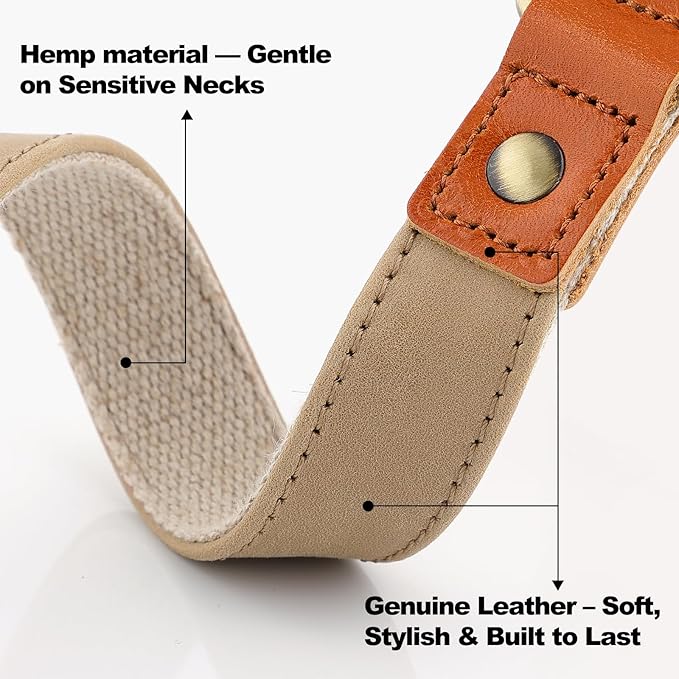 Plutus Pet Genuine Leather & Hemp Dog Collar – Adjustable Heavy Duty Pet Collar with Quick Release Metal Buckle, Soft & Stylish for Puppy and Small, Medium, Large Dogs (Beige, L)