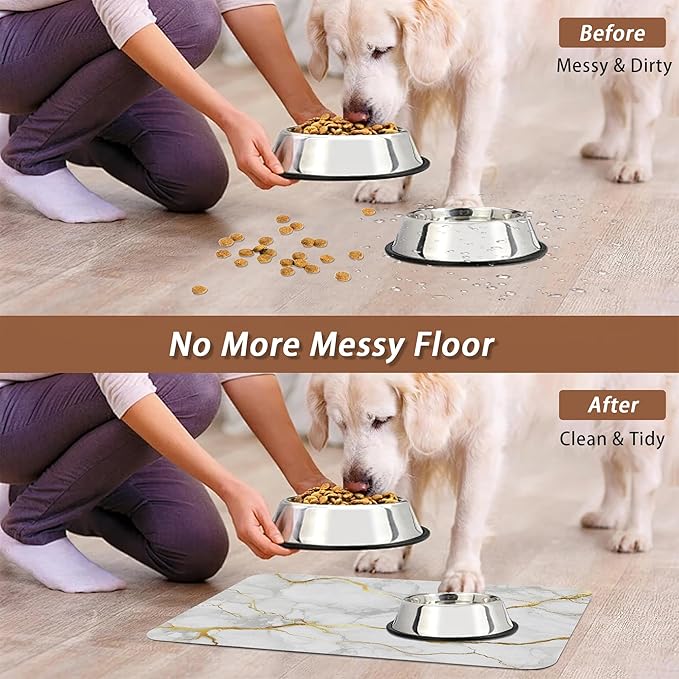 Marble Dog Food Mat for Floors,White Gold Marble Absorbent Quick-Dry Pet Feeding Mat,Cat Dog Bowl Mats for Food and Water,Non-Slip Pet Accessories Supplies 12"x20"