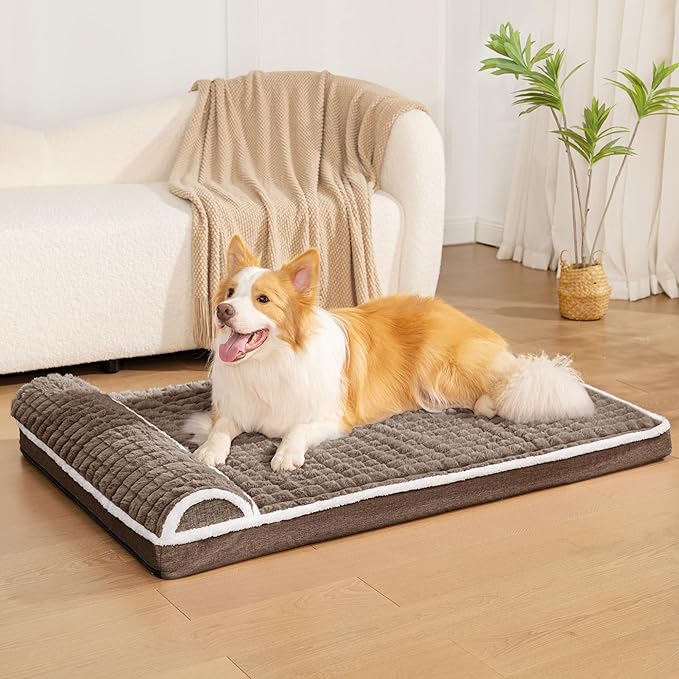 Orthopedic Dog Bed Large Sized Dog with Pillow 36''X24'', Waterproof Soft Comfortable Egg Crate Foam Pet Crate Beds Mat with Removable Washable Cover and Non-Slip Bottom, Taupe