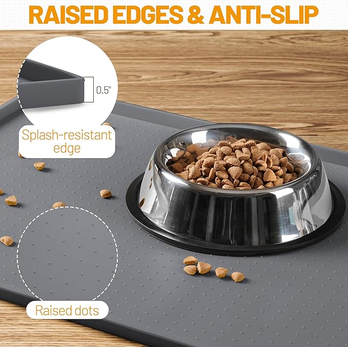 Hubulk Dog Feeding Mat,100% Waterproof Food Grade Silicone Pet Food and Water Bowl Placemat,Dishwasher, High Raised Edge to Prevent Spills,Nonslip Tray to Stop Messes on Floor (19"x12"x0.5", Grey)
