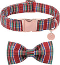 Christmas Plaid Dog Collar with Bow, Red and Blue Check Adjustable Pet Collar with Quick Release, Christmas Stripes Bowtie Collar for Small Medium Large Dogs L