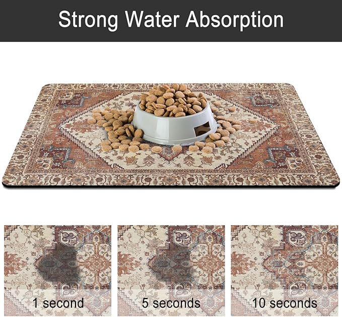 Dog Food Mats for Floors, Absorbent and Quick-Drying Pet Cat Food Mat,Anti-Fouling and Easy-to-Clean Pet Feeding Mat,Dog Bowl Mat for Messy Drinking Water Bowls.17 x32, Bohemia Style