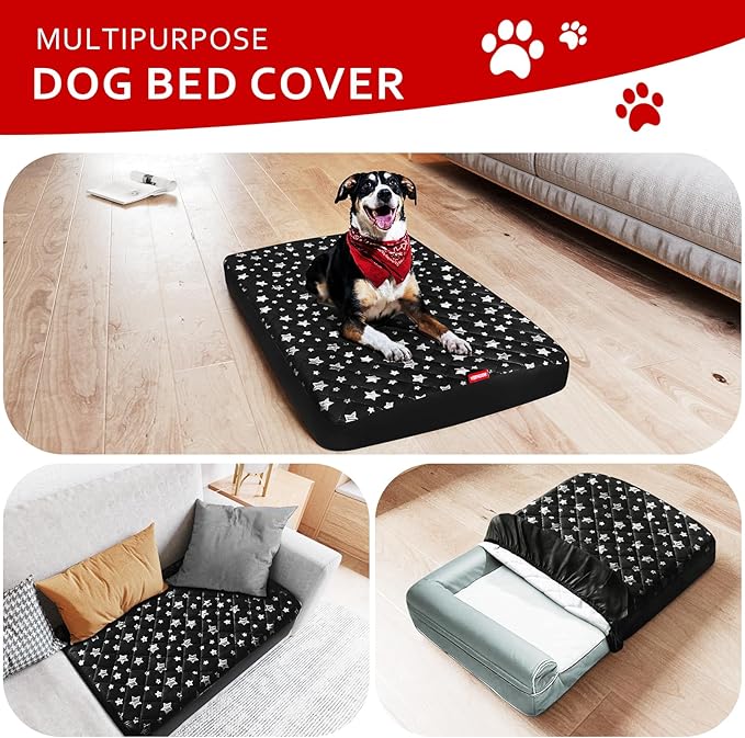Waterproof Dog Bed Covers Replacement Washable Pet Hair Easy to Remove, Noiseless Quilted Puppy Pet Bed Cover Lovely Black Star Print 35x44 Inches, for Dog/Cat, Cover Only