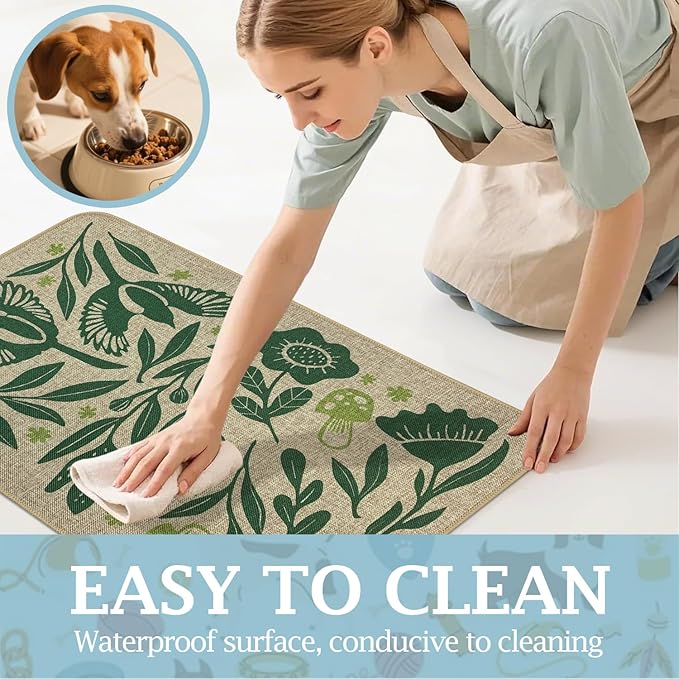 SHIYUE Dog Food Mats for Floors, Absorbent Cat Bowl for Food and Water, Non-Slip Accessories Pet Supplies(16"x24",Green Flower Bird)