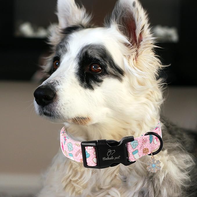 Christmas Dog Collar for Medium Dogs - Cute Snowflake Print Pink Christmas Collars for Dogs, Soft Adjustable Winter Holiday Dog Collars with Quick Release Buckle M