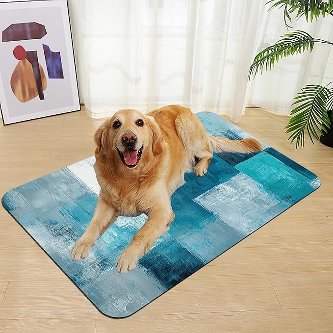 Blue Teal Dog Cat Food Mat–Christmas Stocking Absorbent Waterproof Placemat for Food and Water Bowls, Non Slip Rubber Backing, Feeding Mat for Clean Floors 16"x24"