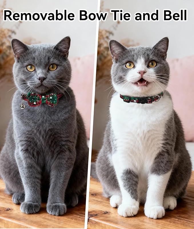 Joytale Upgraded Christmas Cat Collar with Bells, Breakaway Cat Collars with Bow Tie, 1 Pack Girl Boy Safety Plaid Kitten Collars, Christmas Green