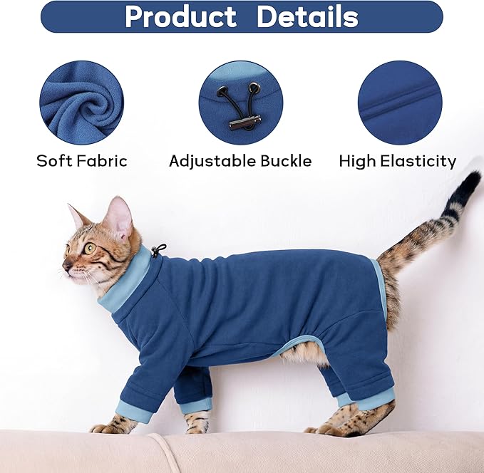 PUMYPOREITY Cat Recovery Suit, Stops Wound Licking After Surgery, Sticky Hair Shirt with Sticky Fabric, Cat Pajamas Prevents Over-Grooming, Blue, S