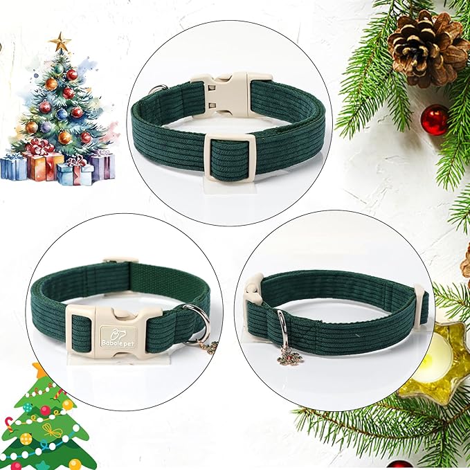 Cute Corduroy Dog Collar - Forest Green Adjustable Dog Collars for X-Small Dogs 4-10lbs, Fade-Proof with Secure Snap & Little Charm, Christmas Birthday Gift, XS
