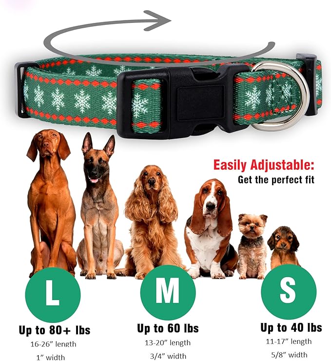 Native Pup Christmas Dog Collar- Winter Holiday Collars for Pets- Xmas Gift for Puppy- Santa, Reindeer, Snowman, Candy Cane, Red Green- Girl Boy- Small, Medium, Large Breeds (Green Snowflake, Medium)