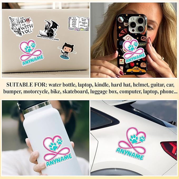 Custom Pet Name Sticker Personalized Text Infinity Heart Pawprint Animal Lovers Decal Waterproof Die Cut Vinyl & Transparent DTF Decal for Laptop Helmet Car Cup Phone Tablet for Male Female