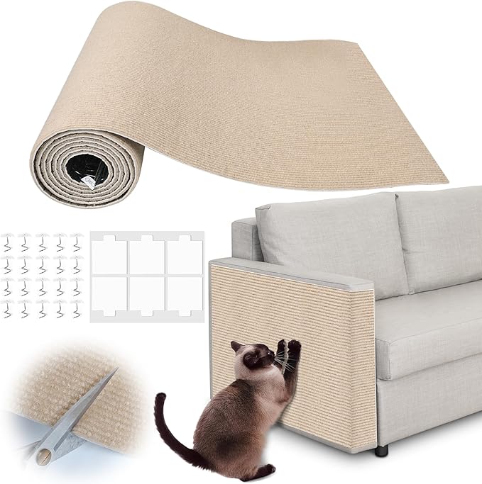 Cat Scratch Furniture Protector - 138" x 13.8" Trimmable Self-Adhesive Cats Claws Scratch Pads, DIY Cat Climbing Couch Protector for Scratch Post Cat Tree Replacement Indoor (Khaki)