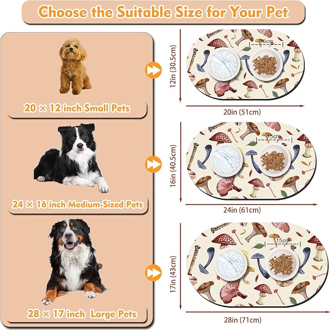 24''x16'' Absorbent Dog Food Mat, No Stains Quick Dry Pet Water Mat Protect Floor, Cat Dog Water Bowl Mat for Messy Drinkers, Non-Slip Rubber Base Pet Placemats for Food and Water, Mushroom