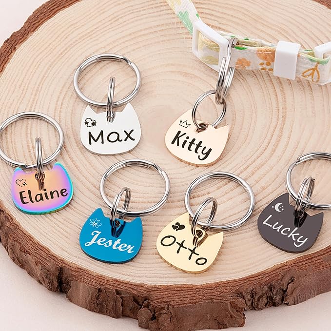 Anavia Small Size Dog Cat ID Tags, Small/XS Personalized Color Plated Stainless Steel Puppy Kitten Name Tags, Customized Engraved Nameplate Pet Collar Tag (Rainbow, Cat Head)