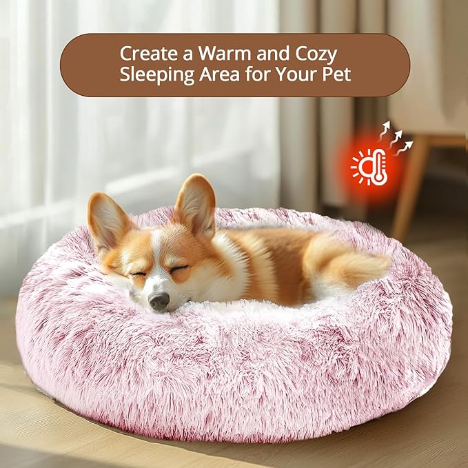 JOLLYVOGUE Calming Dog Bed Medium Size Dog, Anti-Anxiety Donut Medium Pet Bed, 27 inches Fluffy Faux Fur Round Cat Bed (Smoke Pink)