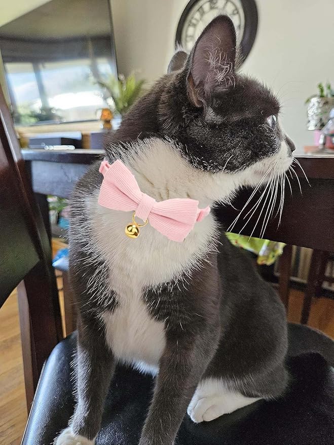 Cotton Breakaway Kitten Collar with Bow Tie and Bell Adjustable Cute Soft Corduroy Cat Collars for Small Female Cats(Pink,XS)