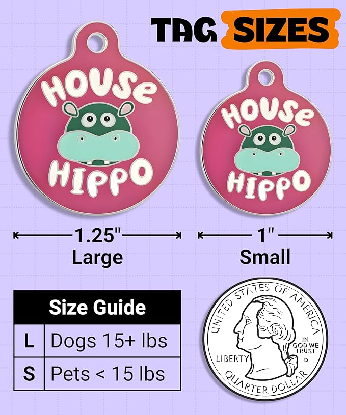 Bad Tags Personalized Dog and Cat ID Tags in 25+ Designs and 2 Sizes - 5 Lines of Custom Engraved Text - Funny Cute Personalized Pet Tags (House Hippo - Pink, Large (1.25 inch))