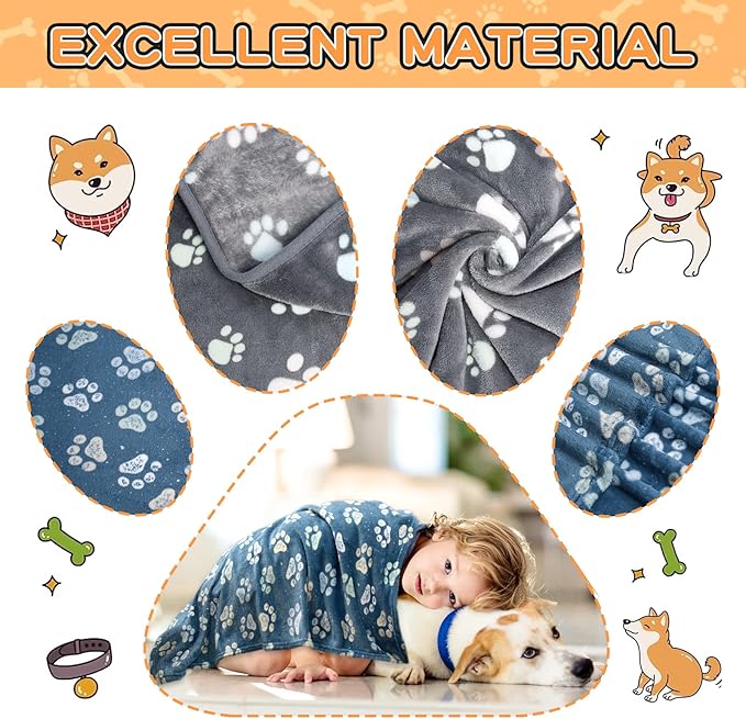 Rezutan Dog Blankets for Large Dogs, Premium Cat Flannel Blanket Washable, Soft Pet Throw Cover for Kennel Crate Bed, Cute Paw Pattern, 41x31 inch, 2Gray1Blue
