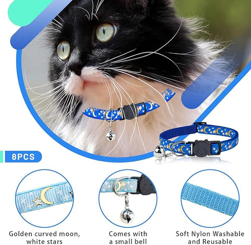 8 PCS Cat Collars with Bell Moons Stars, Reflections Cat Collar with Bells, Breakaway Cute Kitty Collar for Cats, Pet Gifts, Accessories (8 Colors)