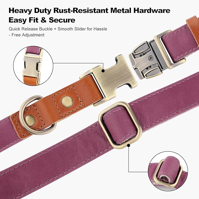 Plutus Pet Genuine Leather & Hemp Dog Collar – Adjustable Heavy Duty Pet Collar with Quick Release Metal Buckle, Soft & Stylish for Puppy and Small, Medium, Large Dogs (Purple, L)