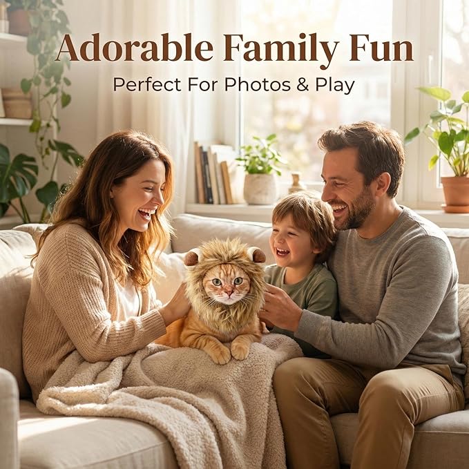 Adjustable Lion Mane Wig Pet Costume, Soft Halloween Cat Clothing with Secure Fit, Comfortable Feline Apparel for Parties, Fun Photo Sessions with Adorable Cat Costumes (Size M)