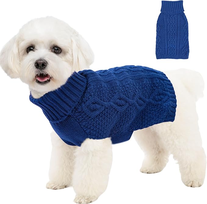 Dog Sweaters Small Dog Clothes Winter Turtleneck Puppy Sweater Warm Pet Cat Sweater Doggy Pullover Outfit with Twisted Design XS~XL(Navy Blue, Medium)