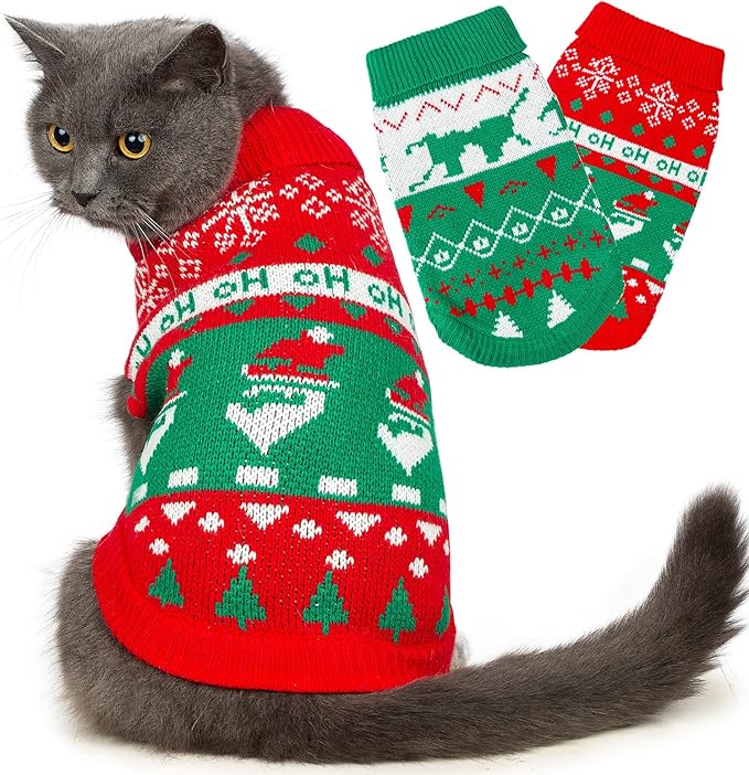 Stretchy Cat Christmas Sweater - 2 Packs Christmas Sweaters for Cats | Snug Winter-Ready Knit for Boy/Girl Cats & Kittens(Scarlet, Small)