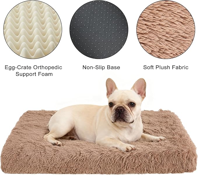 Fluffy Orthopedic Dog Beds for Medium Dogs with Washable Removable Cover Dog Crate Bed Egg Crate Foam Support Plush Pet Pad Mat with Anti-Slip Bottom(36 * 24,Khaki)