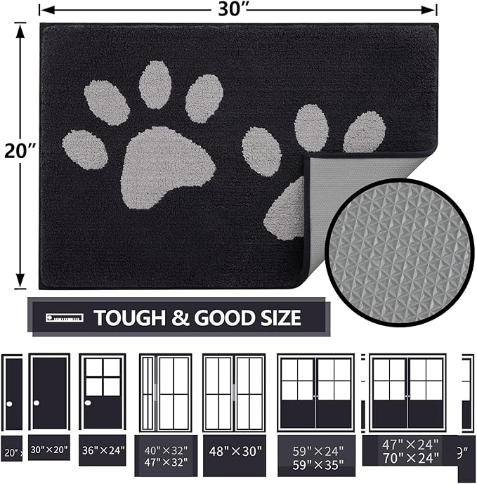Buganda Dog Door Mat for Muddy Paws, Absorbent Dirt Trapper Washable Indoor Doormats, Non Slip Low-Profile Mud Mat for Dogs, Front Entrance Doormat for Inside Floor (59x35 Inches, Black and Grey)